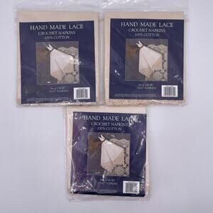 6 Fabric Napkins Keeco Ecru Cotton Hand Made Lace Crochet Edge Corner NOS NEW